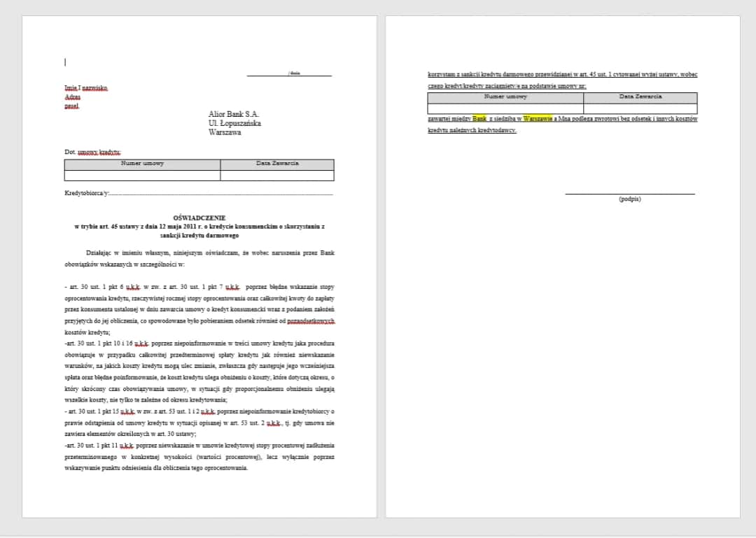 Sankcja kredytu darmowego - gotowy wzór oświadczenia do pobrania
