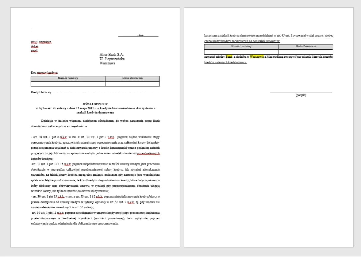 Sankcja kredytu darmowego - gotowy wzór oświadczenia do pobrania